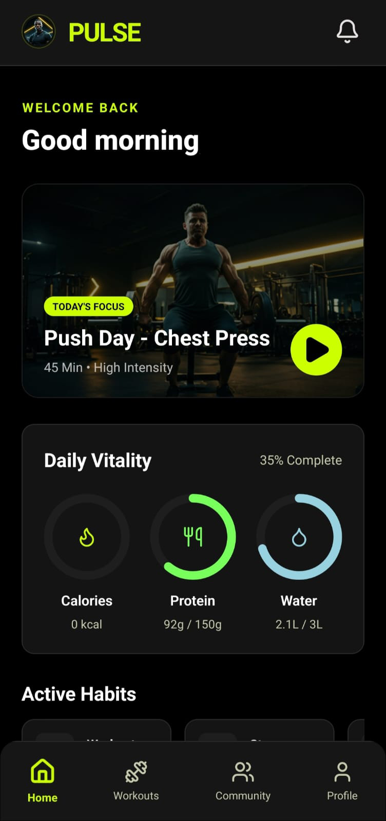 Pulse fitness app home screen showing today's focus workout and daily vitality stats
